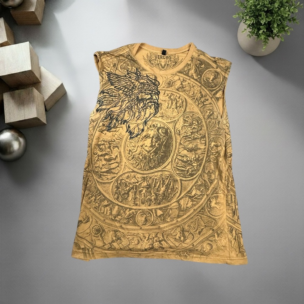Vercho Mens Sleeveless Graphic Tee Tan Mythological Print Y2K Skater Size M